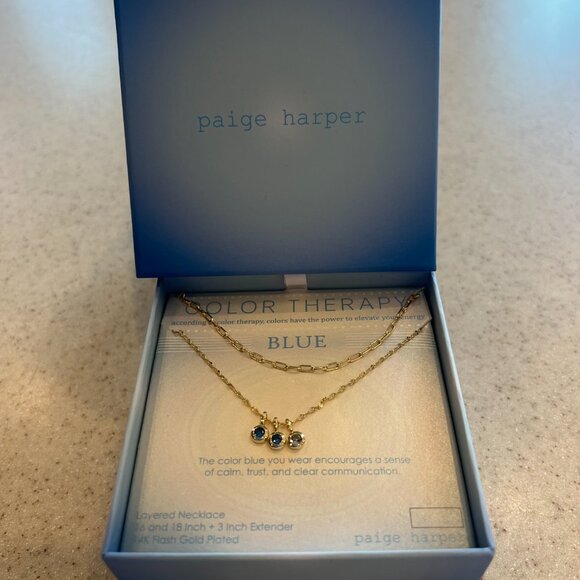 PAIGE HARPER Blue Color Therapy 3 Stone Layered Necklace 14K Gold Plated NIB - Picture 3 of 5